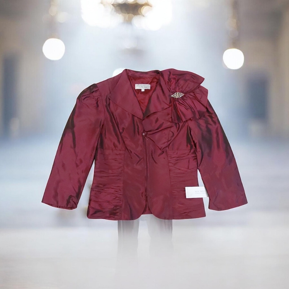 NWT Rickie Freeman Teri Jon Silk Womens Evening Jacket In Color Merlot Size 2